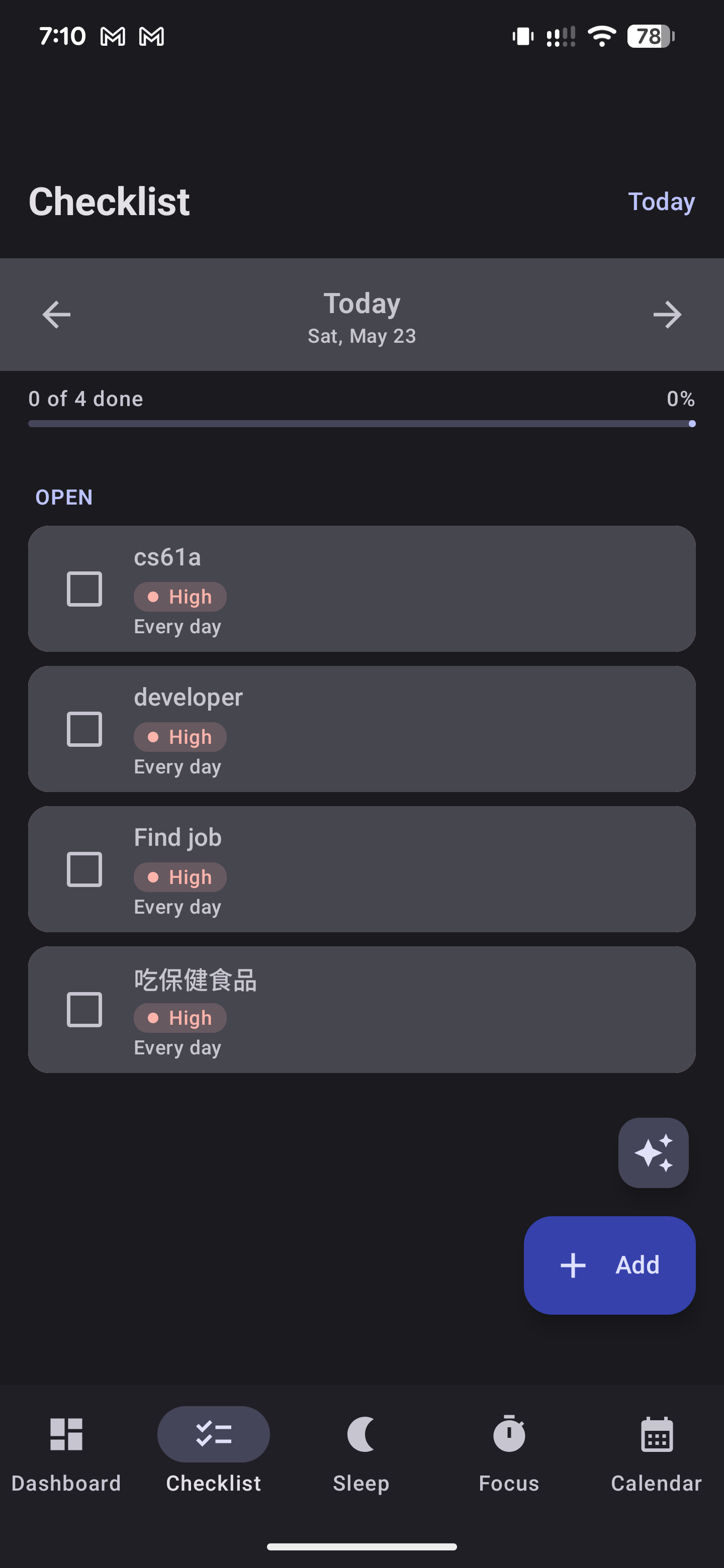 Checklist screen